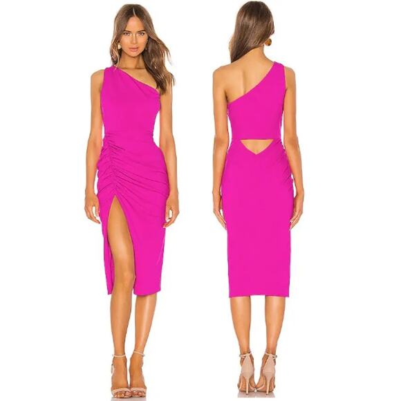 NWT Katie May New Age Ruched One Shoulder Bodycon Cocktail Dress Electric Pink S - Picture 1 of 7